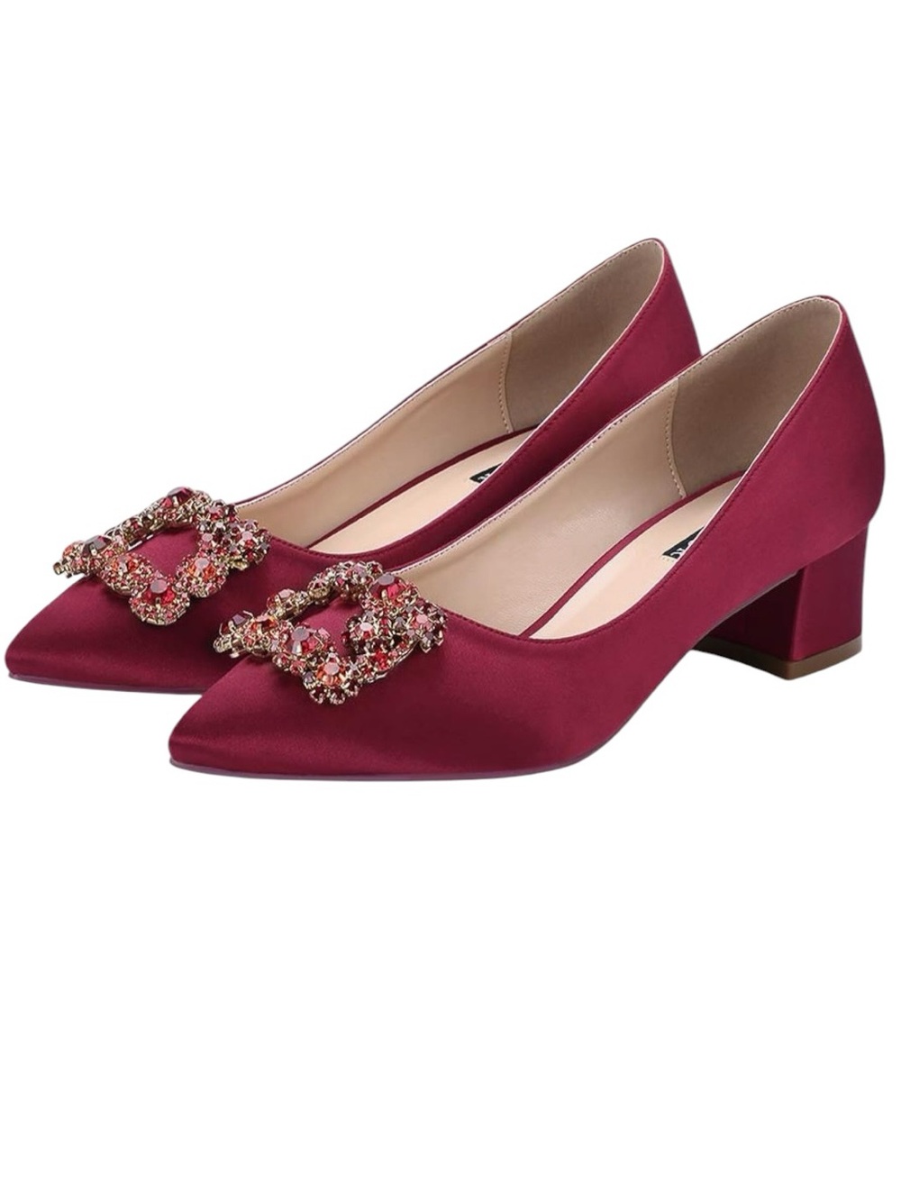 Burgundy Satin Pointed Toe Low Block Heel Pumps